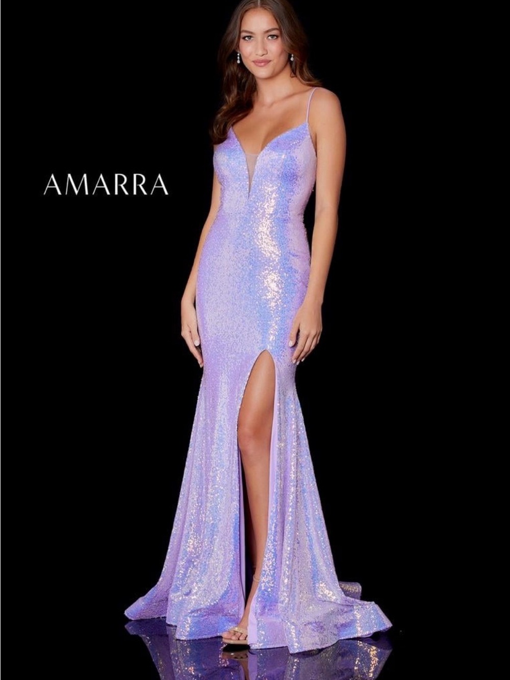 Amarra Lavender Sequin Plunging Neckline Prom Dress with High Slit